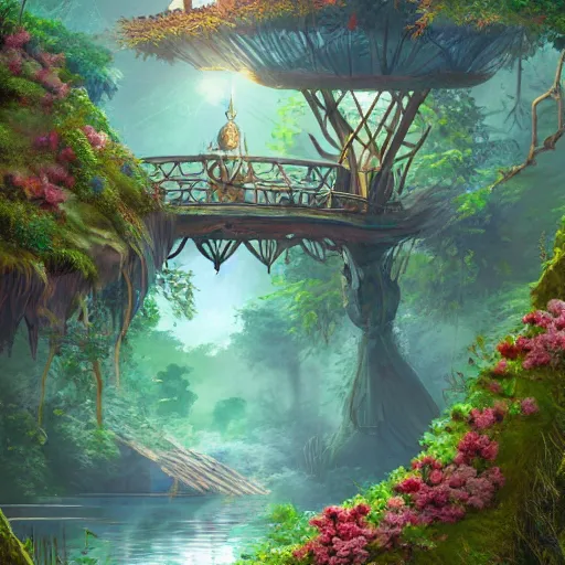 Prompt: a beautiful nature civilization, fancy, flowers, bridges, nature city, people, tree houses, trending on artstation, behance, deviantart