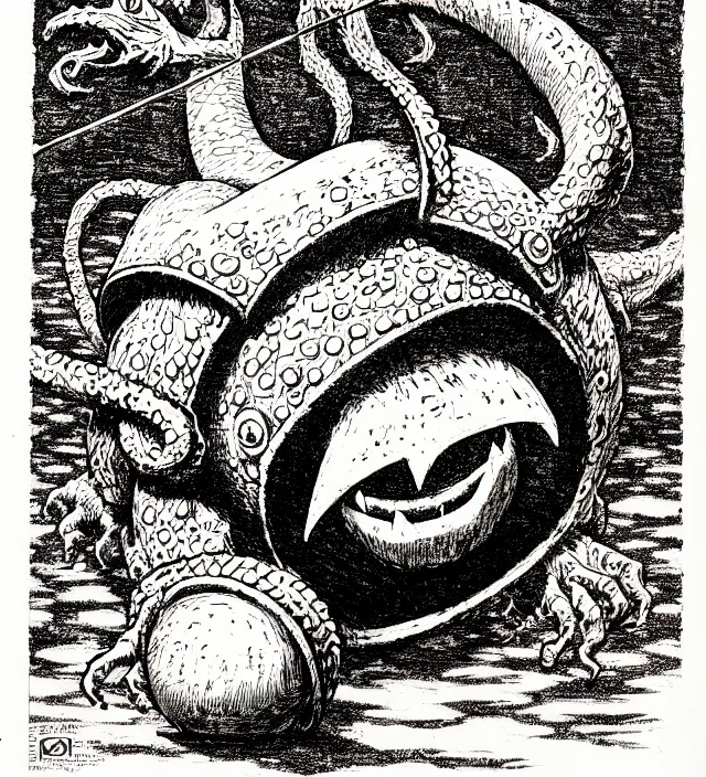 Prompt: a nintendo octorok as a d & d monster, pen - and - ink illustration, etching, by russ nicholson, david a trampier, larry elmore, 1 9 8 1, hq scan, intricate details, high contrast, no background
