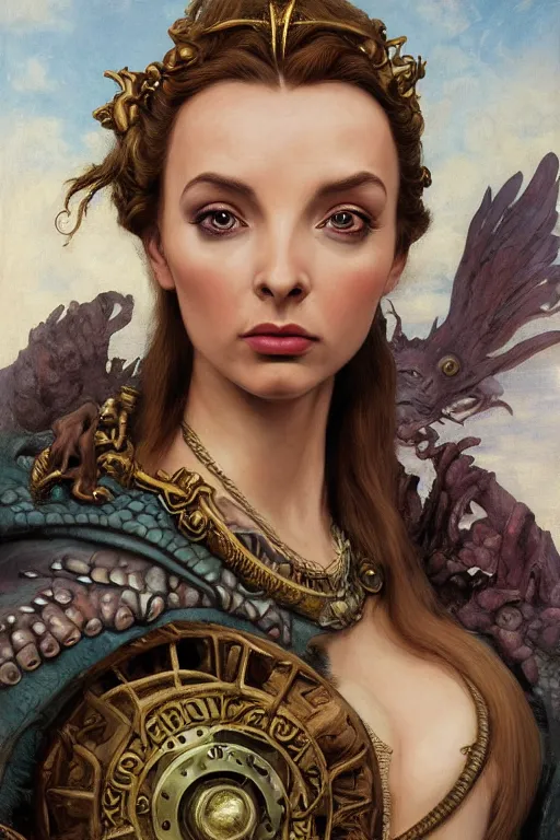 Image similar to A fantasy comic book style portrait painting of Jodie Comer, as an Atlantean Reptilian Warrior, François Boucher, Oil Painting, Mystical Valkyrie, unreal 5, DAZ, hyperrealistic, octane render, Regal, Refined, Detailed Digital Art, RPG portrait, William-Adolphe Bouguereau, Michael Cheval, Walt Disney (1937), Steampunk, dynamic lighting, Highly Detailed, Cinematic Lighting, Unreal Engine, 8k, HD