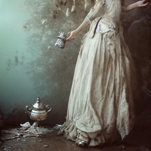 Prompt: A 18th century, messy, silver haired, (((mad))) elf princess, dressed in a ((ragged)), wedding dress, is ((drinking a cup of tea)), in her right side is a porcelain tea set. Everything is underwater. Mystical, dreamlike, atmospheric, scarry, greenish blue tones, theatrical, (((underwater lights))), high contrasts. fantasy concept art by Henry Meynell Rheam, Monet, and John Everett Millais