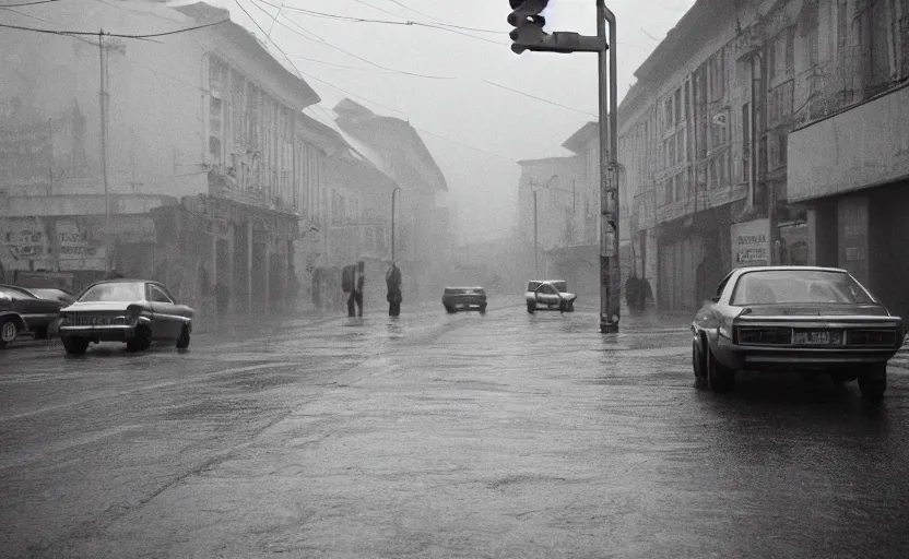 Image similar to 70s movie still of a soviet street from Sarajevo with cars and pedestrian , Cinestill 800t 18mm beuatiful black and white, heavy grainy picture, very detailed, high quality, 4k panoramic, cinematic, neon billboards and streetlight at night, rain, mud, foggy, cloudy