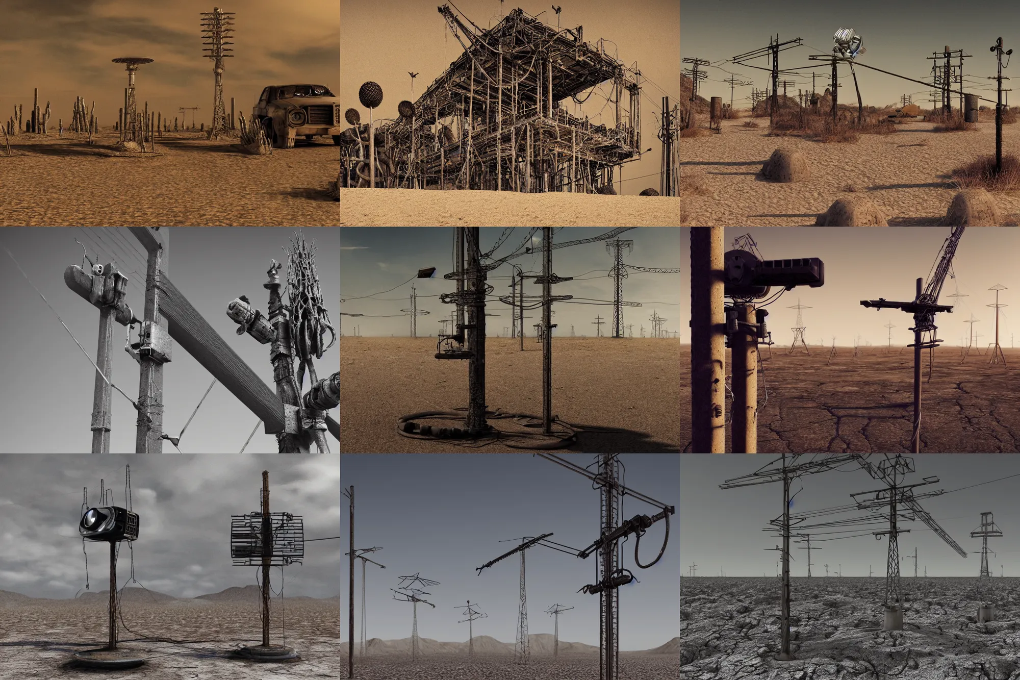 Prompt: hr giger, tv aerial, telephone poles, desert, dentures, teeth, braces, horror scifi, 8 k octane render highly detailed