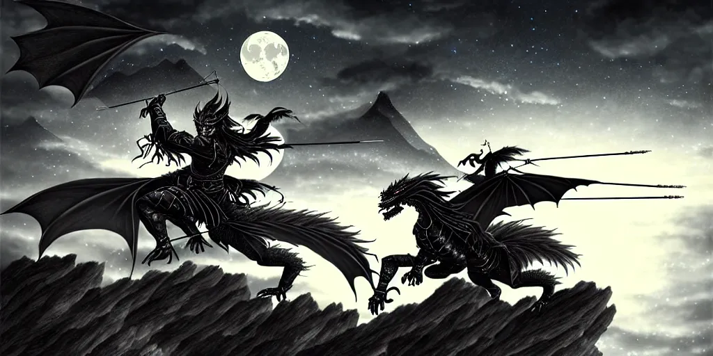 Image similar to korean archer. dragon. night sky. moon. mountain. dark fantasy. high resolution. epic fight. detailed. digital art. dark fantasy. kentaro miura