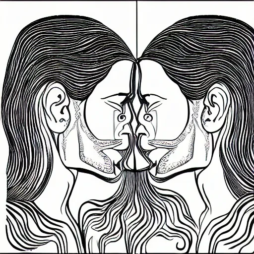 Prompt: perfectly centered symmetrical split male and female portrait of young indian man and woman in love sharing one heart. illustration, highly detailed, simple, no jagged lines, smooth, artstation, artwork by frank lloyd wright