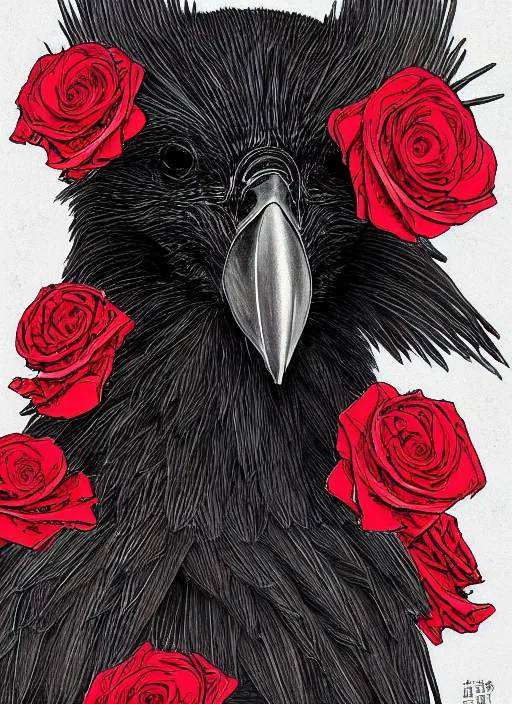 Image similar to portrait, A proud crow with red eyes in front of the full big moon, book cover, red roses at the top, red white black colors, establishing shot, extremly high detail, foto realistic, cinematic lighting, pen and ink, intricate line drawings, by Yoshitaka Amano, Ruan Jia, Kentaro Miura, Artgerm, post processed, concept art, artstation, matte painting, style by eddie mendoza, raphael lacoste, alex ross