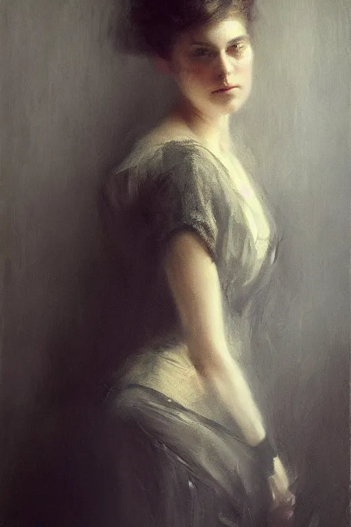 Prompt: detailed cinematic moody colors studio portrait of a victorian lady with a sensual pose with a blurred face high quality by jeremy mann, only one head single portrait