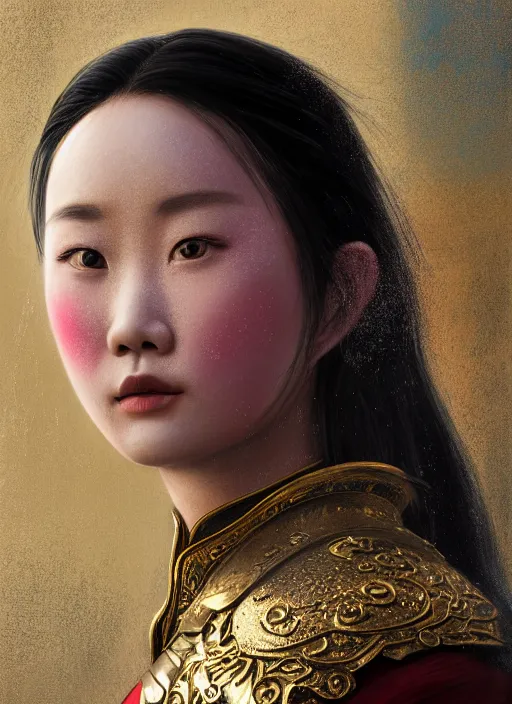 Prompt: realistic detailed painting of Mulan wearing sculpted textured armor, intricate complexity, close-up of the front of the face, super sophisticated texture, resolute expression, by Guweiz, split lighting, 4K resolution, symmetric, clear facial features, golden ratio, Kojima, Amano, Charlie Bowater, Karol Bak, rich deep colors, Unreal Engine 5