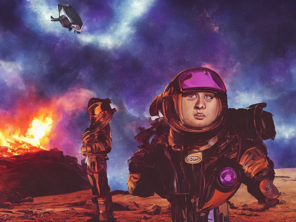 Image similar to portrait of a sad overweight teenager with emo haircut, wearing gothy purple and black space spandex suits, smashed burning spacecraft wreckage in the background, on the orange surface of mars, highly detailed, dramatic lighting, photorealistic, cinematic