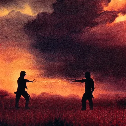 Prompt: cinematic still of silhouettes of two men fighting in ancient clothing, farm field background, red hues, lightning, directed by Russell Mulcahy