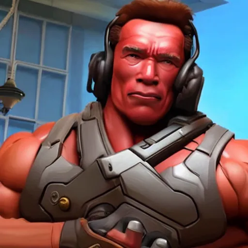 Image similar to a screenshot of arnold schwarzenegger as winston in overwatch