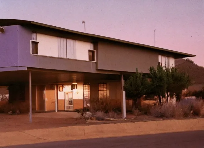 Image similar to a midcentury modern motel in santa fe new mexico in the year 1 9 6 7