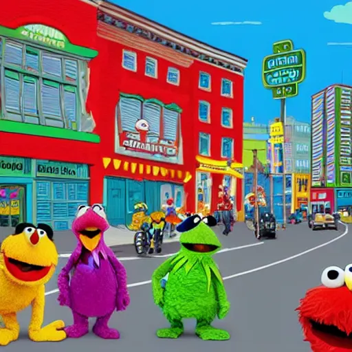 Image similar to wide angle shot of traffic on sesame street with muppets colorful cel shading, cookie monster, elmo, oscar the grouch