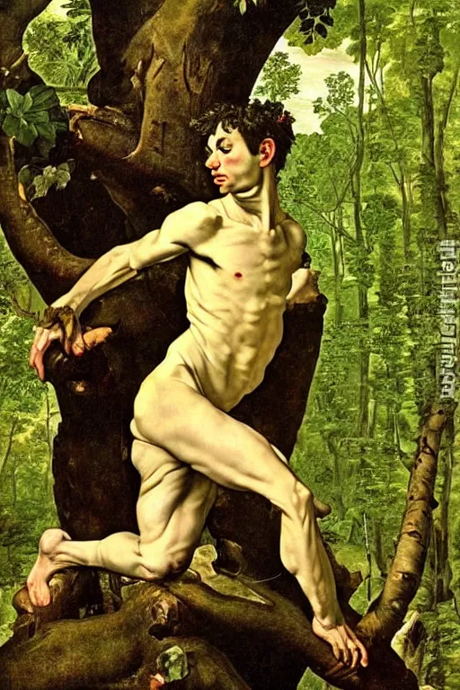 Prompt: a satyr sitting on a tree trunk in a forest, highly detailed and intricate, beautiful painting by Caravaggio