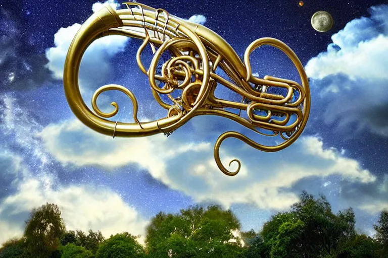 Image similar to a huge flock of many intricate elegant french horn cloud sculptures, art nouveau garden environment, soothing, milky way, award winning art, epic dreamlike fantasy landscape, ultra realistic,