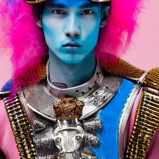 Image similar to a portrait of a beautiful young male wearing an alexander mcqueen armor made of pink and blue ombre metal , photographed by andrew thomas huang, artistic