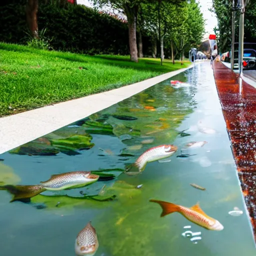 Image similar to a liquid sidewalk with a group of fish swimming inside it