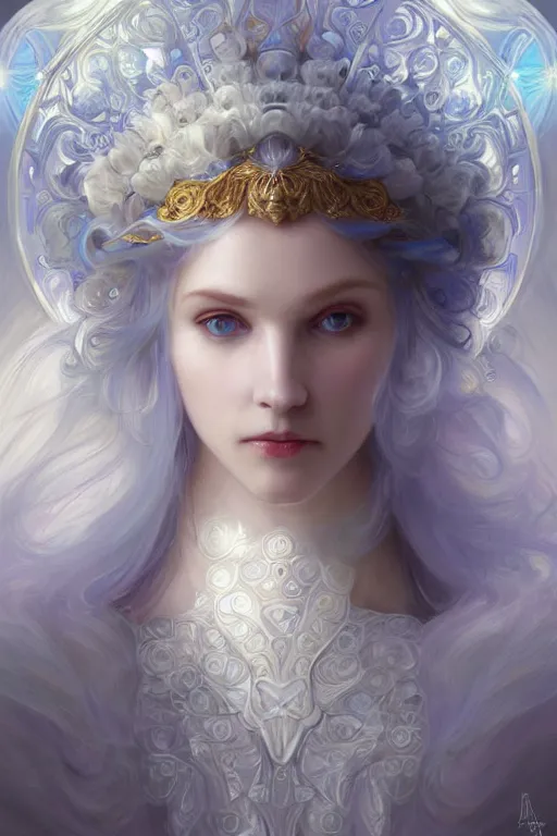 Image similar to portrait of white ghost, fantasy, gradient white blue grey, dreamy and ethereal, blue eyes, golden ratio, peaceful expression, ornate frilly dress, fantasy, intricate, elegant, rainbow bubbles, highly detailed, digital painting, artstation, concept art, smooth, b sharp focus, illustration, art by artgerm and greg rutkowski and alphonse mucha