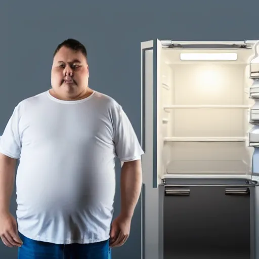 Prompt: obese landlord standing in front of open refrigerator illuminated by bright white light, a resigned tenant is standing behind reading a lease agreement, dark apartment painted in beige white paint, cctv, cinematic