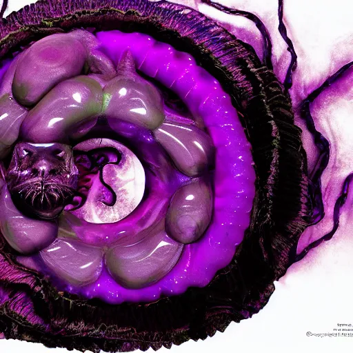 Image similar to Deep imprint flower core, our ouroborous devours it's tail by Rick Baker, black, neon purple, Hyperreal, Photographed in the Style of Annie Leibovitz, Studio Lighting