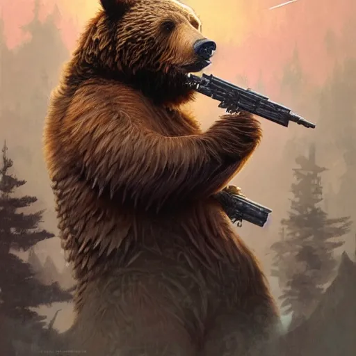 Prompt: detailed science - fiction character portrait of a grizzly bear shooting a machine gun in space, intricate, wild, highly detailed, digital painting, artstation, concept art, smooth, sharp focus, illustration, art by artgerm and greg rutkowski and alphonse mucha