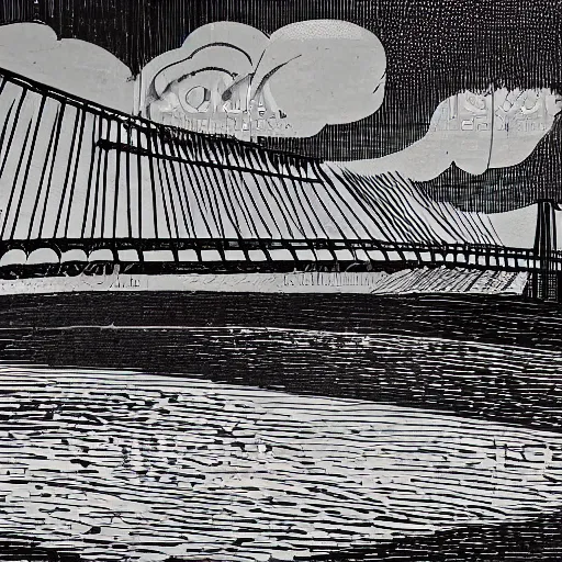 Prompt: steel suspension bridge built in 1 9 2 8, side view, clouds in background, woodcut style,