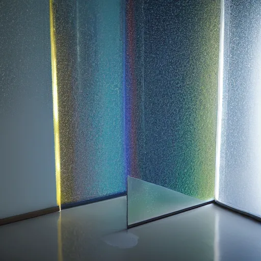 Image similar to an ultra high definition professional studio quality photograph of a transparent iridescent perspex pastel coloured rain sculpture on white coat hook in an empty white room. dramatic lighting, ray tracing, refraction, shallow d. o. f, colour corrected, golden ratio, three point light. volumetric shadows. god rays.