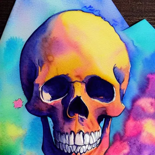 Prompt: watercolor art on paper, skull with bath bomb explosions all around, highly detailed, artstation, masterpiece, award - winning