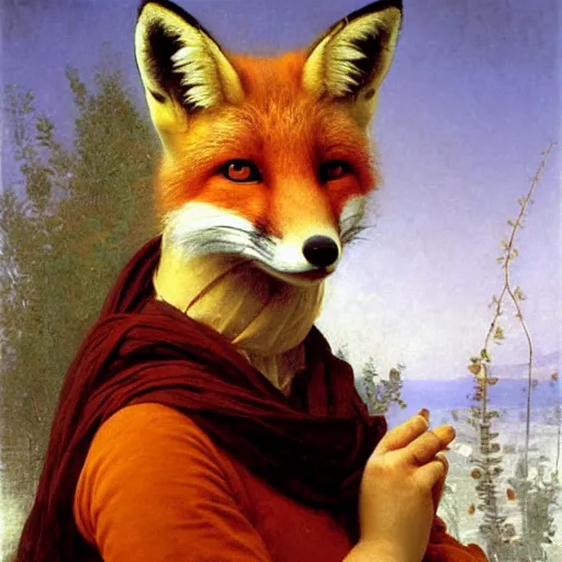 Image similar to A portrait of a fox in a scarf surrounded by flowers by William-Adolph Bouguereau, animal in a scarf, fox wearing a scarf