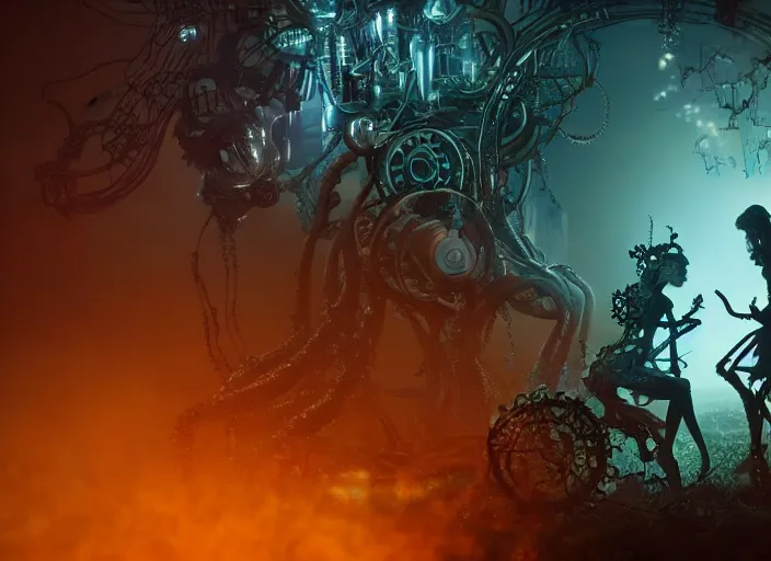 Prompt: silhouette of an intricate mechanical fairy with visible gears having tea with a cyborg gorgon medusa in a magical forest. Very detailed 8k. Fantasy cyberpunk horror. Sharp. Cinematic post-processing