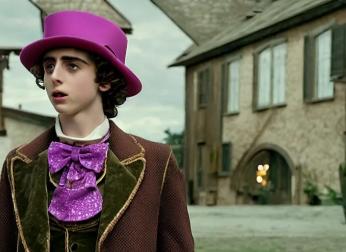 Image similar to film still of Timothée Chalamet as Willy Wonka in new Willy Wonka movie, 4k