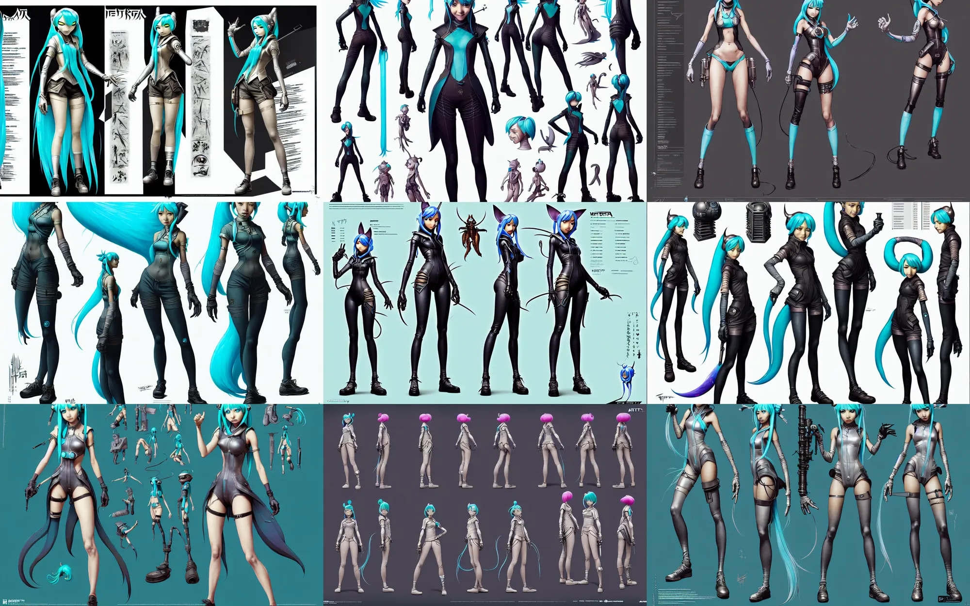 Prompt: weta disney pixar movie character sheet of hatsune miku as badass cyberpunk pin up by artgerm and greg rutkowski, hieronymus bosch, jamie hewlett, character sheet, unreal engine, metahumans