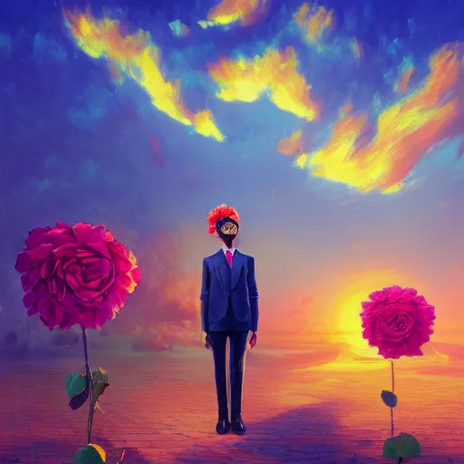 Image similar to portrait, giant rose flower head, girl dancing in a suit, surreal photography, sunrise, blue sky, dramatic light, impressionist painting, digital painting, artstation, simon stalenhag