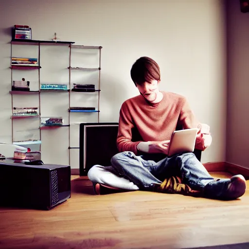 Prompt: a skinny computer nerd guy sitting on the floor of his room, crossed legs, laptop, smartphone, video games, tv, books, potions, jars, shelves, knick knacks, tranquil, calm, sparkles in the air, magic aesthetic, faded effect, photograph, kodak film, realism