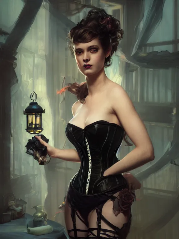 Image similar to hyperrealistic portrait of a woman among noir lanterns wearing a corset, fantasy art, photo realistic, dynamic lighting, artstation, volumetric lighting, very detailed face, 4 k, award winning, art by artgerm and greg rutkowski and alphonse mucha