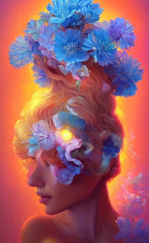 Image similar to a beautiful oil painting hyperrealism of a beautiful woman, flowers, floral headdress, 8 k resolution, octane render, trending on artstation, by gediminas pranckevicius, volumetric light 2 blue fractal thunder glow by dan mumford, anaglyph effect, laurie lipton