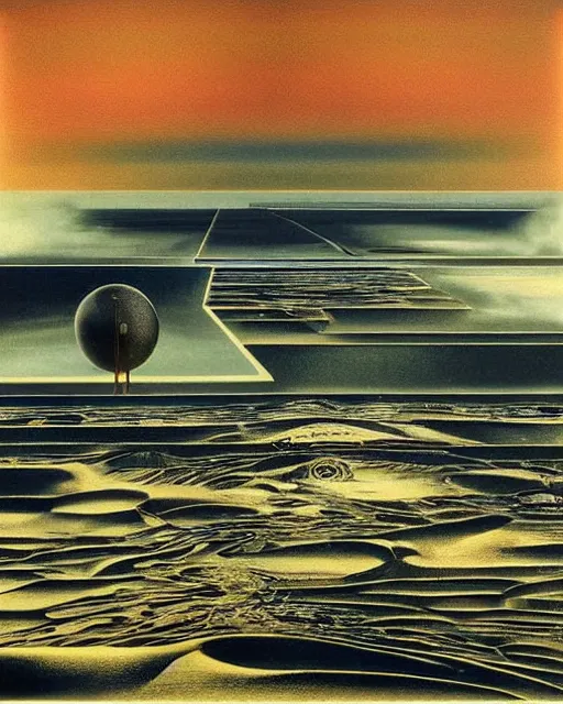 Image similar to a surrealist techno landscape made of synthesizer textures and parts, Jean-michel Jarre Oxygene, 1979, surrealist, photorealistic painting, highly detailed, moody, psychedelic, rule of thirds, golden ratio, 6:3:1