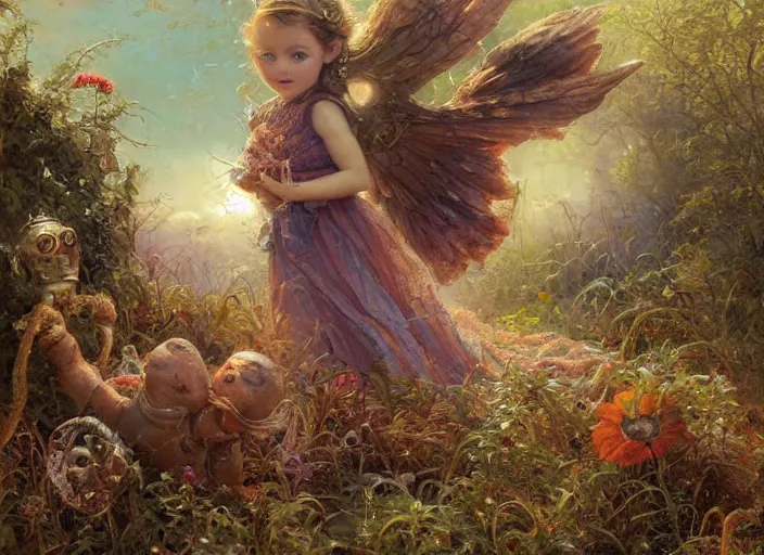 Image similar to a rusty broken down little robot, Lilia Alvarado, Sophie Anderson, Mark Arian, Bob Byerley, Charlie Bowater, Mark Brooks, Steve Henderson, Justin Gerard, Arthur Hughes, Edward Robert Hughes, Mark Keathley, Victor Nizovtsev, Carlos Shwabe, Ross Tran, WLOP