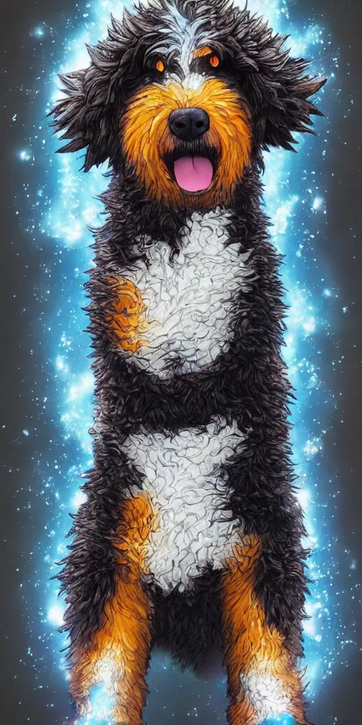 Image similar to a bernedoodle going super saiyan, studio ghibli lighting, very cute, art of the year, best art award, 8 k
