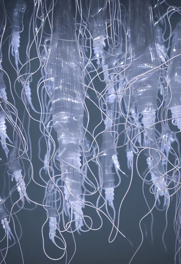 Prompt: a bunch of translucent man's heads which looks like jellyfish mixed with wires and led diodes and radioparts lying in the dark corner of the warehouse, high resolution, sci - fi, cyperpunk, octane render, 8 k