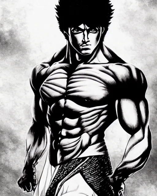 Image similar to Photograph of handsome muscular Japanese actor dressed as Kenshiro from fist of the North Star, photorealistic, photographed in the style of Annie Leibovitz