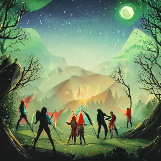 Prompt: « Epic illustration of a group of adventurers camping in a forest full of fairys at the night full of stars, with a very beautiful background and lights »