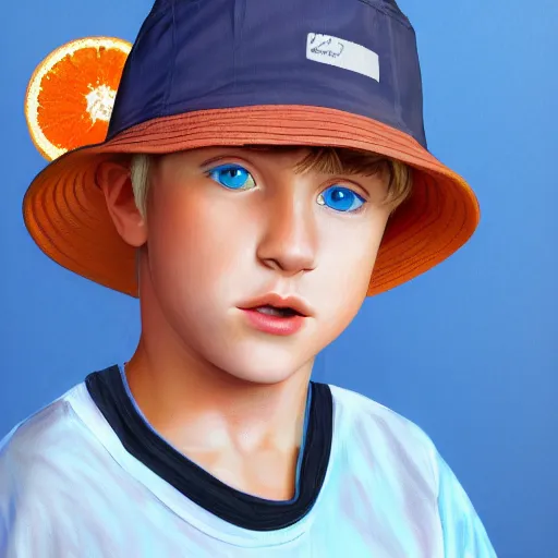 Image similar to a detailed portrait of a boy with blue eyes and blonde hair wearing an orange bucket hat, art illustration, incredibly highly detailed and realistic, 8 k, sharp focus