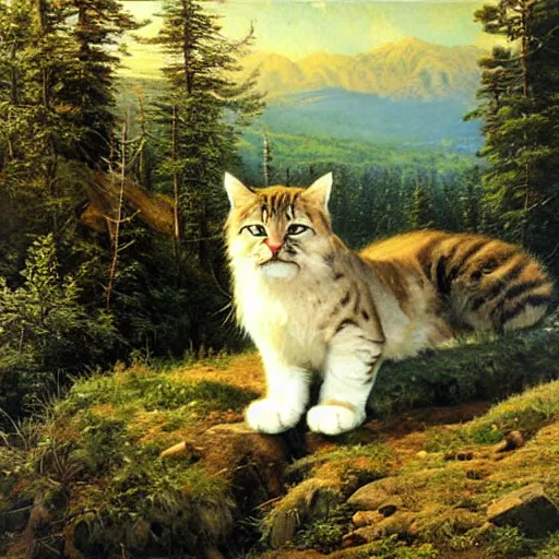 Image similar to huge gigantic cat in mountains, oil painting by Ivan Shishkin