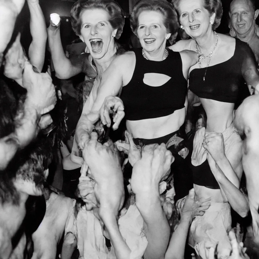 Prompt: margaret thatcher smiling, dancing in a night club wearing a black crop tank top and jeans shorts, photography