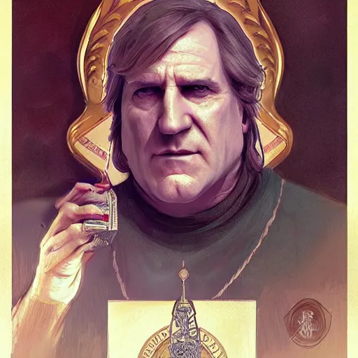 Prompt: [robot Depardieu as president of France! as GTA character, mystic hermit, closeup, D&D, intricate, elegant, highly detailed, digital painting, artstation, concept art, matte, sharp focus, illustration, art by Artgerm and Greg Rutkowski and Alphonse Mucha]