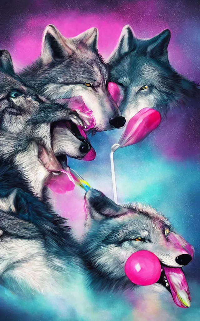 Prompt: a pair of wolves sharing a big lollipop with pink mouth, night, airbrush fantasy 80s, masterpiece album cover with black gradient on edges