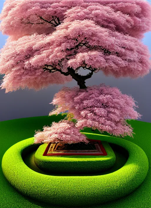 Prompt: hyper detailed 3d render like an Oil painting isometric perspective, octane render of a bonsai cherry blossom tree in a zen garden in the shape of a perfectly symetrical mandala finely detailed, hd, 8k minimalism, edge to edge, solid color background octane render, 8k