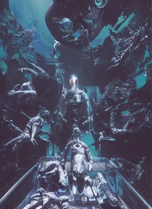 Image similar to astronauts in dark and empty void underwater - complex and hyperdetailed technical suit. reflection and dispersion materials. rays and dispersion of light. volumetric light. 5 0 mm, f / 3 2. noise film photo. flash photography. ultra realistic, wide angle. poster by wayne barlowe, hajime sorayama aaron horkey, craig mullins