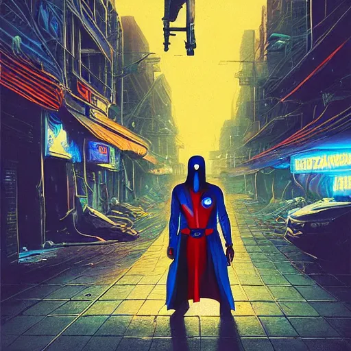 Prompt: cobra commander from gi joe standing under a streetlight in the cyberpunk ghetto, by greg rutkowski and dan mumford, oil on canvas, neon synthwave colors, 8k, hd.