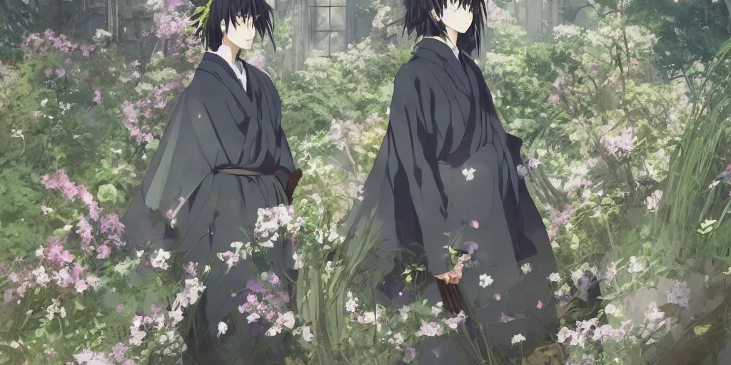 Prompt: anime kyoto animation key by greg rutkowski, perfectly detailed android hakama techwear in abandoned chapel with overgrown flowers and plants